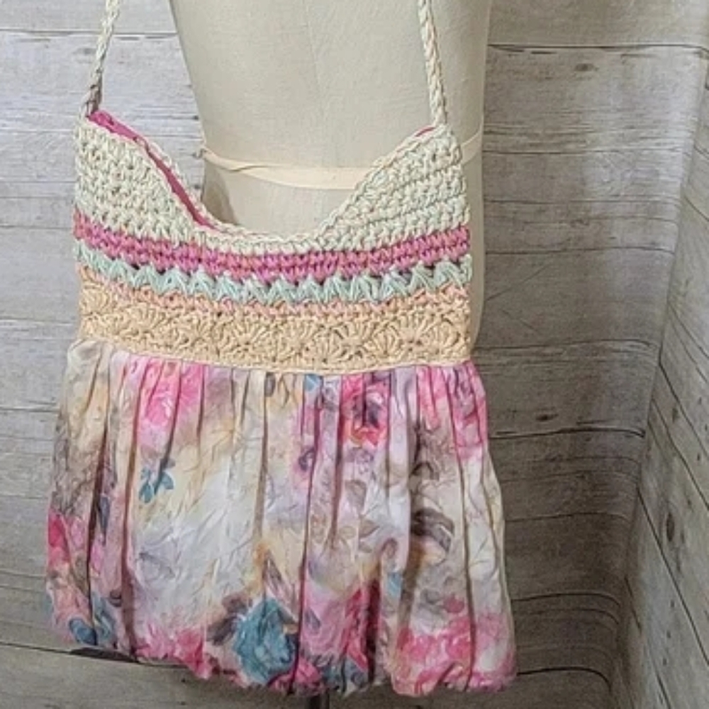 Blue Miami boho-style hobo handbag crocheted upper section. Floral Chiffon.
